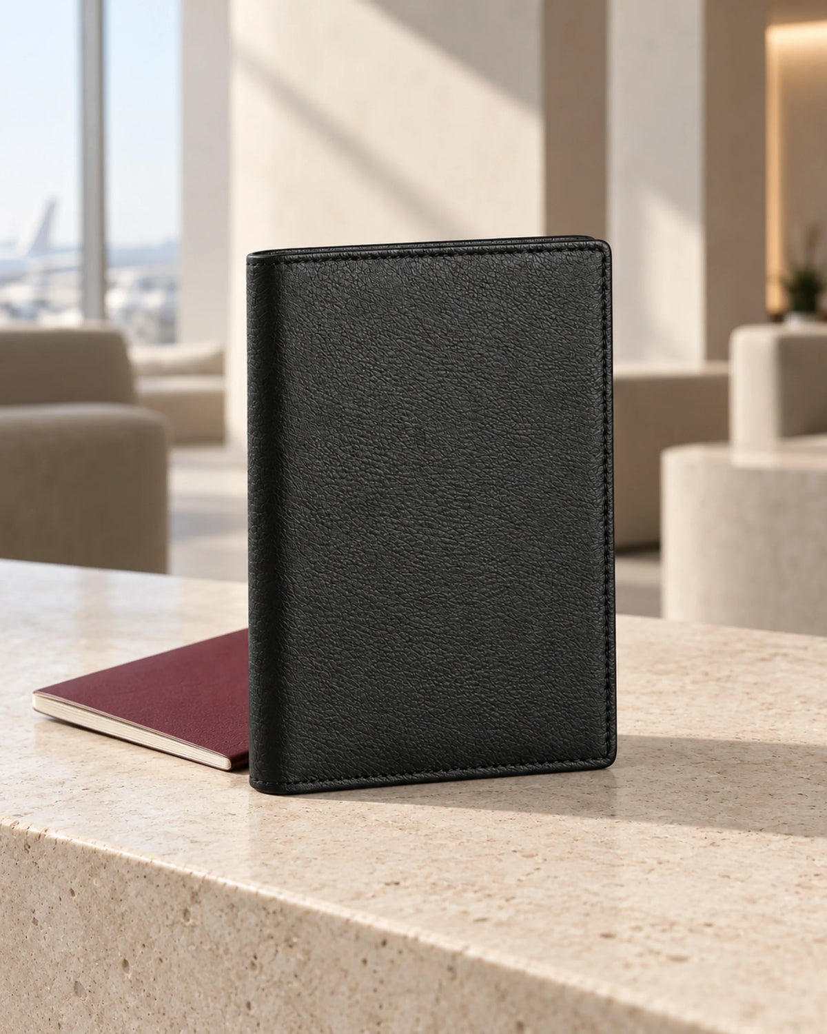 Schwarzes CARRYON X All-In-One Travel Wallet in einer modernen europäischen Reiselounge.