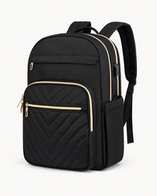 FlexWork Damen Laptop-Rucksack in Schwarz als Freisteller auf warmweißem Hintergrund.