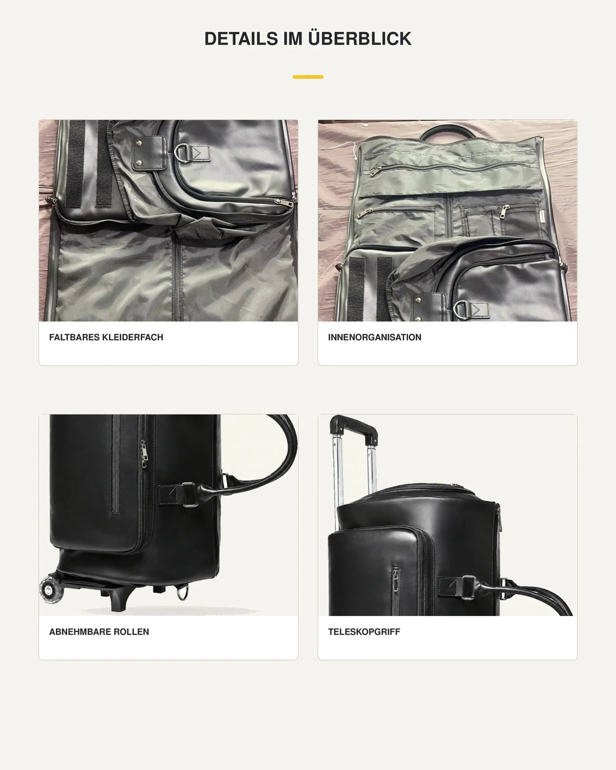 Detailansicht der schwarzen CARRYON X GlideX Reisetasche mit Kleiderfach, Schuhfach und Innenorganisation.