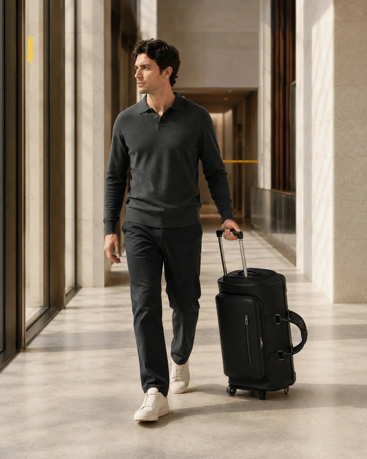 Mann zieht die schwarze CARRYON X GlideX Reisetasche mit Teleskopgriff und Rollen wie einen Koffer durch einen Flughafen.