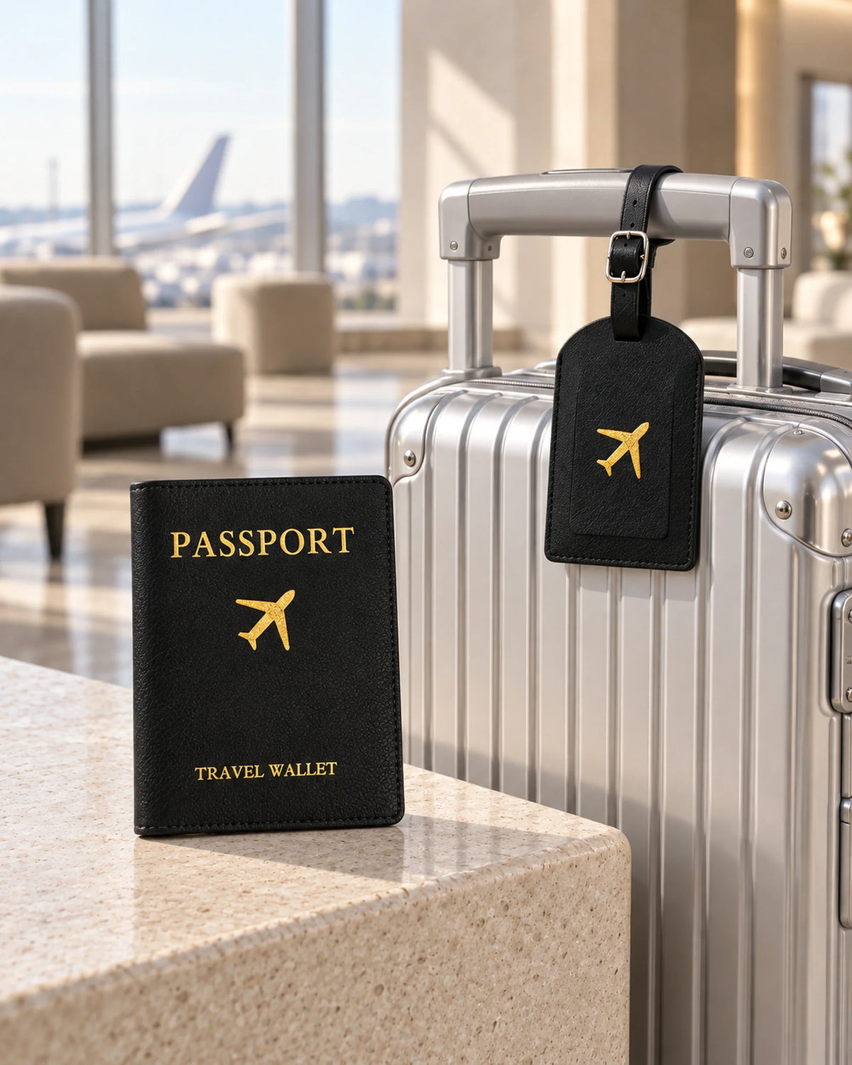 CARRYON X TravelTag Set in Schwarz mit Kofferanhänger an einem silbernen Reisekoffer in einer hellen Flughafenlounge