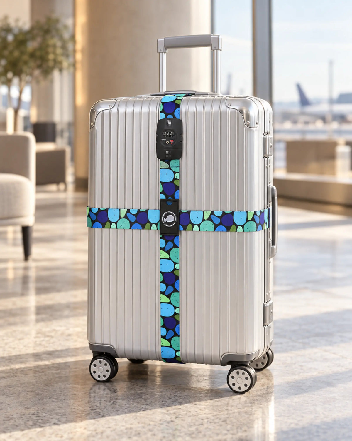 CARRYON X TSA-Protect Kofferband an einem Koffer in einer modernen Reiselounge – exemplarisch für durchdachtes Kofferzubehör auf Reisen.