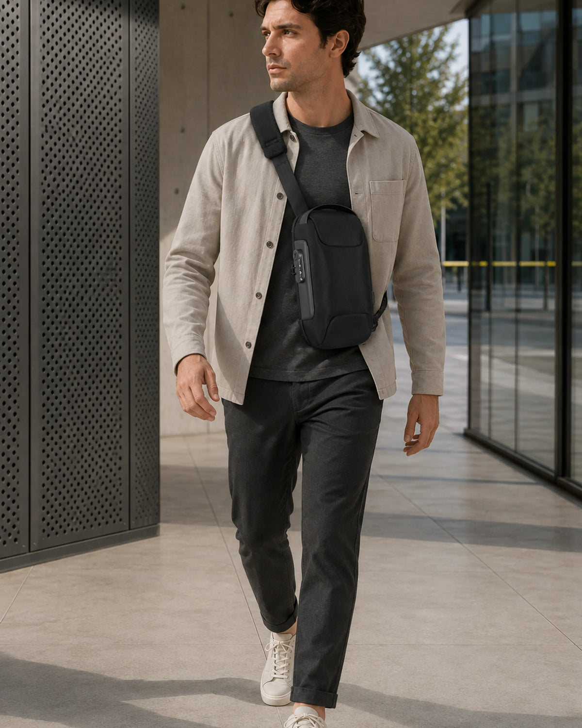 Mann mit schwarzer UrbanGuard Crossbody-Tasche beim Pendeln durch einen modernen Mobilitätspavillon.