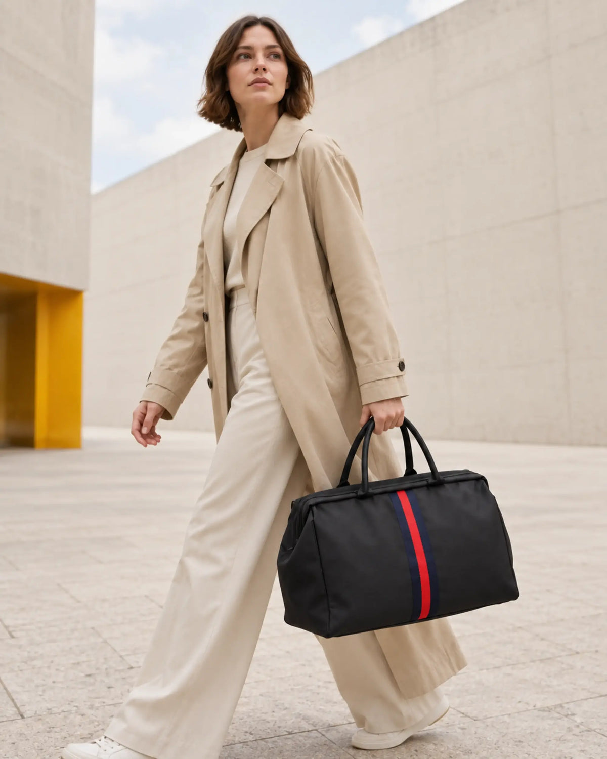 Frau trägt die CARRYON X VoyagerSport Reisetasche in Schwarz mit rot-blauem Streifen als Geschenk-Empfehlung für Vielreisende.