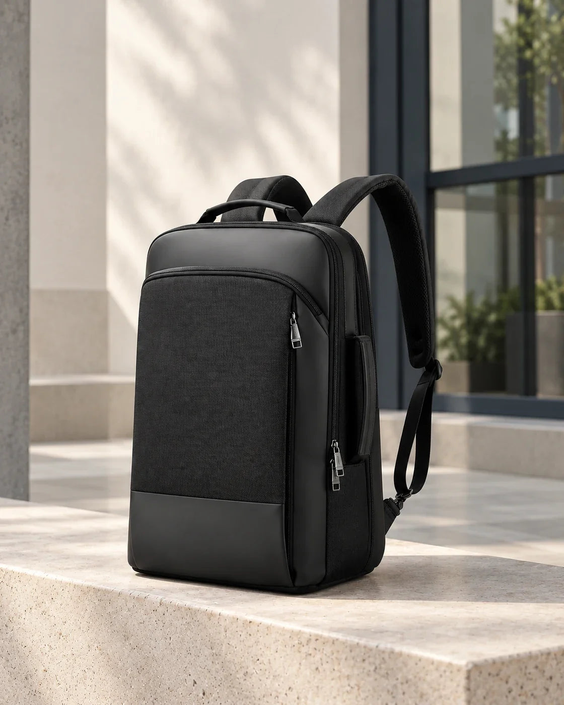 Schwarzer UrbanFlex Laptop-Rucksack von CARRYON X auf einer hellen Steinbank vor moderner Architektur.