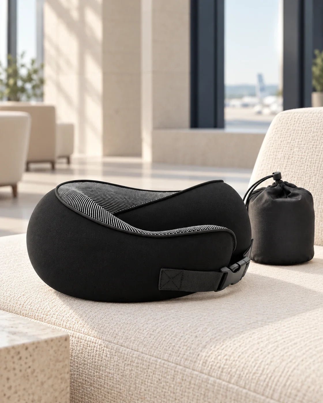 Schwarzes SnugRoll Nackenkissen von CARRYON X mit Schnallenverschluss und Aufbewahrungsbeutel auf einem Loungesitz.