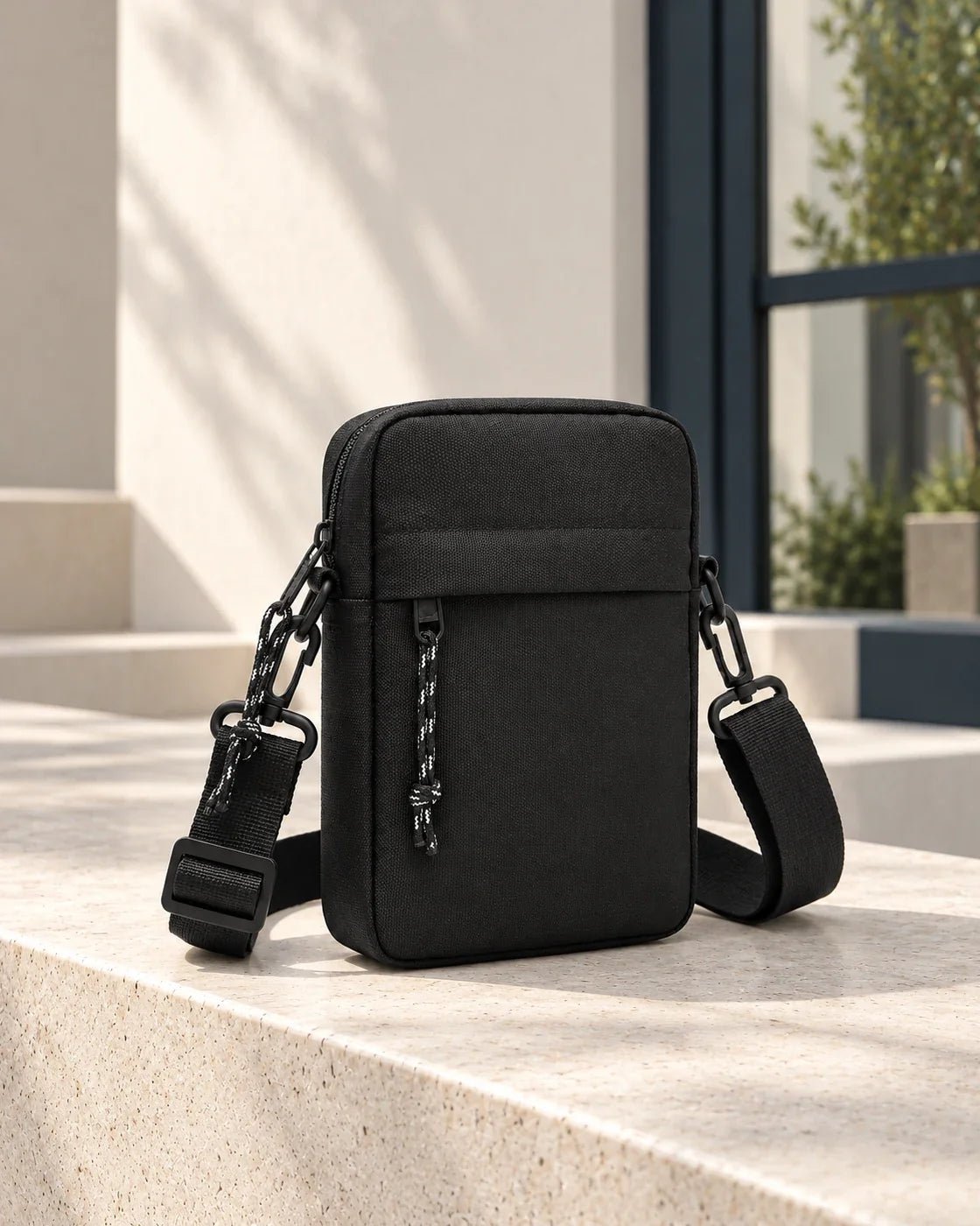 Schwarze UrbanEase Crossbody-Tasche von CARRYON X mit breitem Schultergurt auf einer hellen Steinbank.