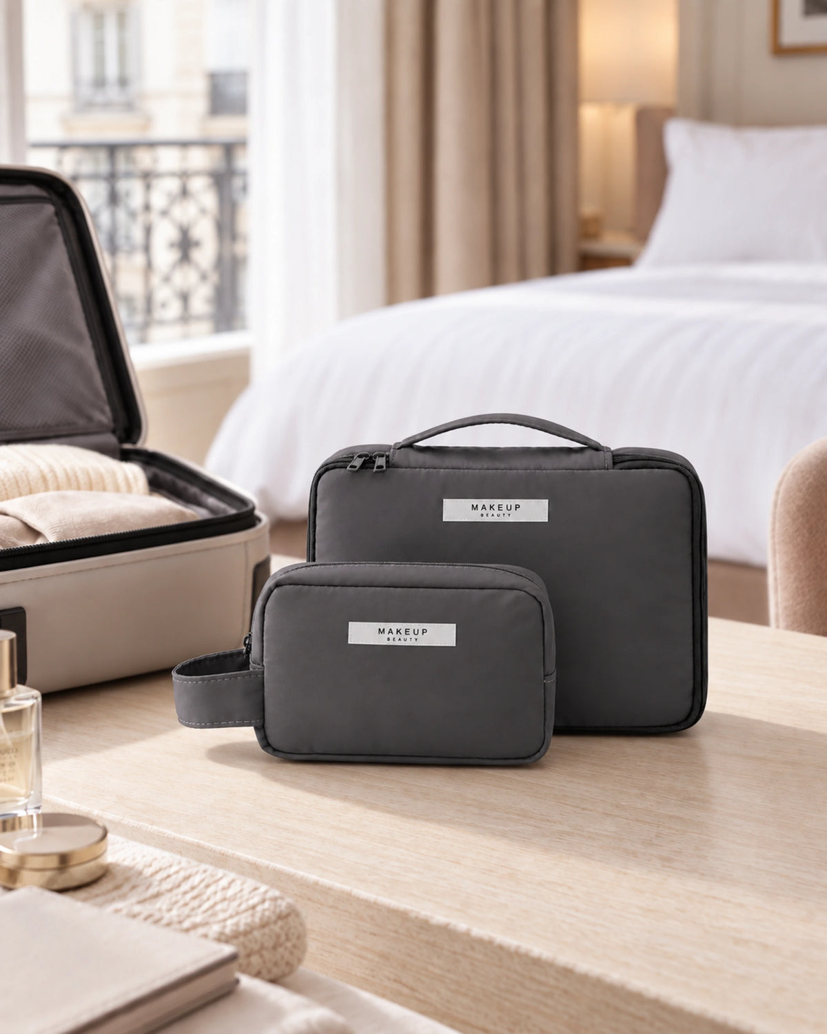 Schwarzes BeautyGo Kosmetiktaschen-Set von CARRYON X in einer modernen Hotelumgebung.