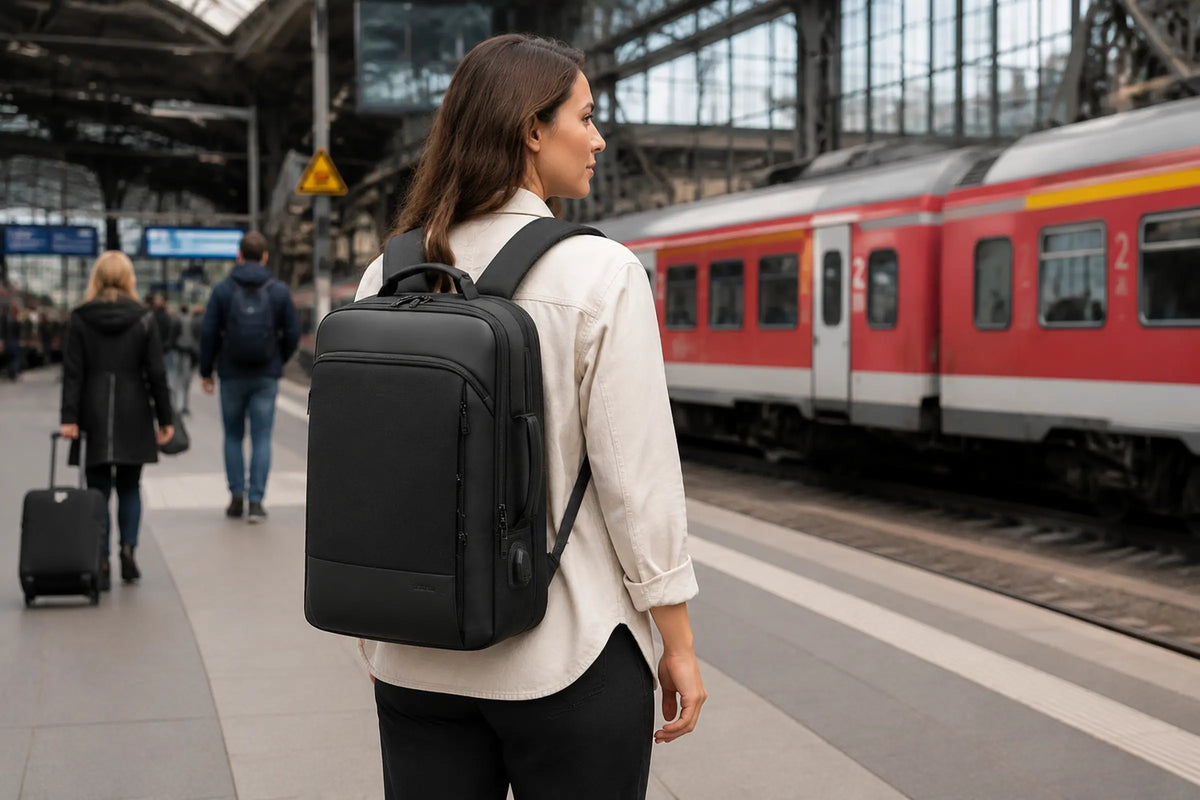 Pendlerin mit schwarzem UrbanFlex Laptop-Rucksack am Hamburger Hauptbahnhof.