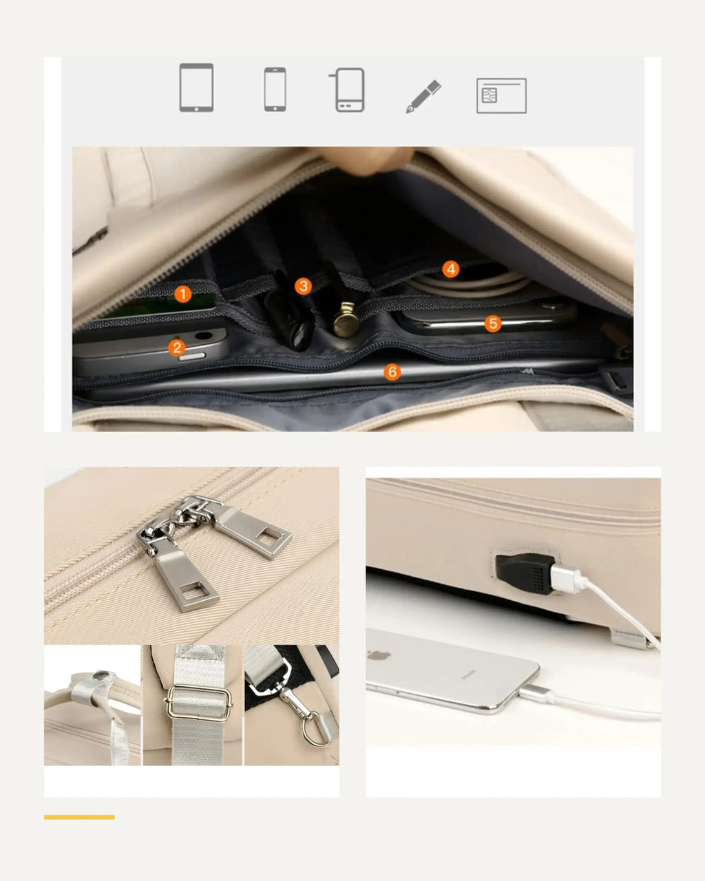 Detailübersicht des beigefarbenen CityChic Rucksacks mit mehreren Nahansichten.