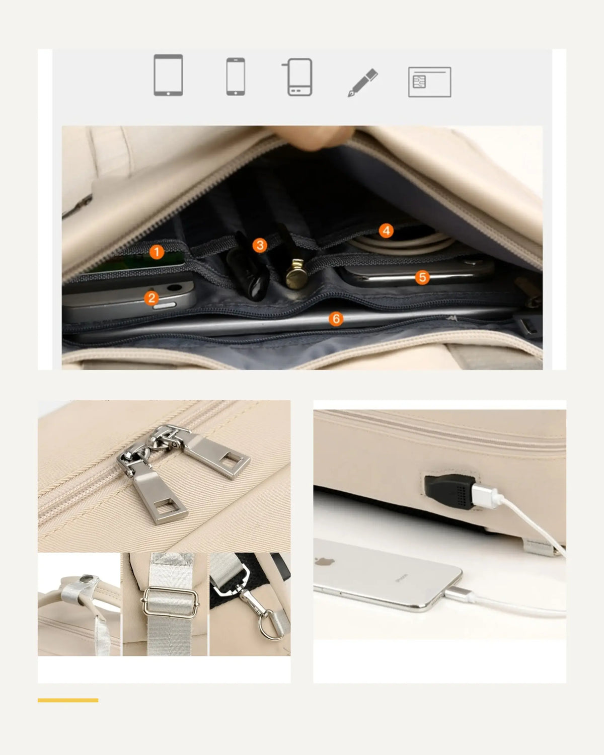 Detailübersicht des beigefarbenen CityChic Rucksacks mit mehreren Nahansichten.