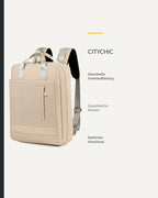 Beigefarbener CityChic Rucksack mit grafischer Übersicht sichtbarer Produktdetails.