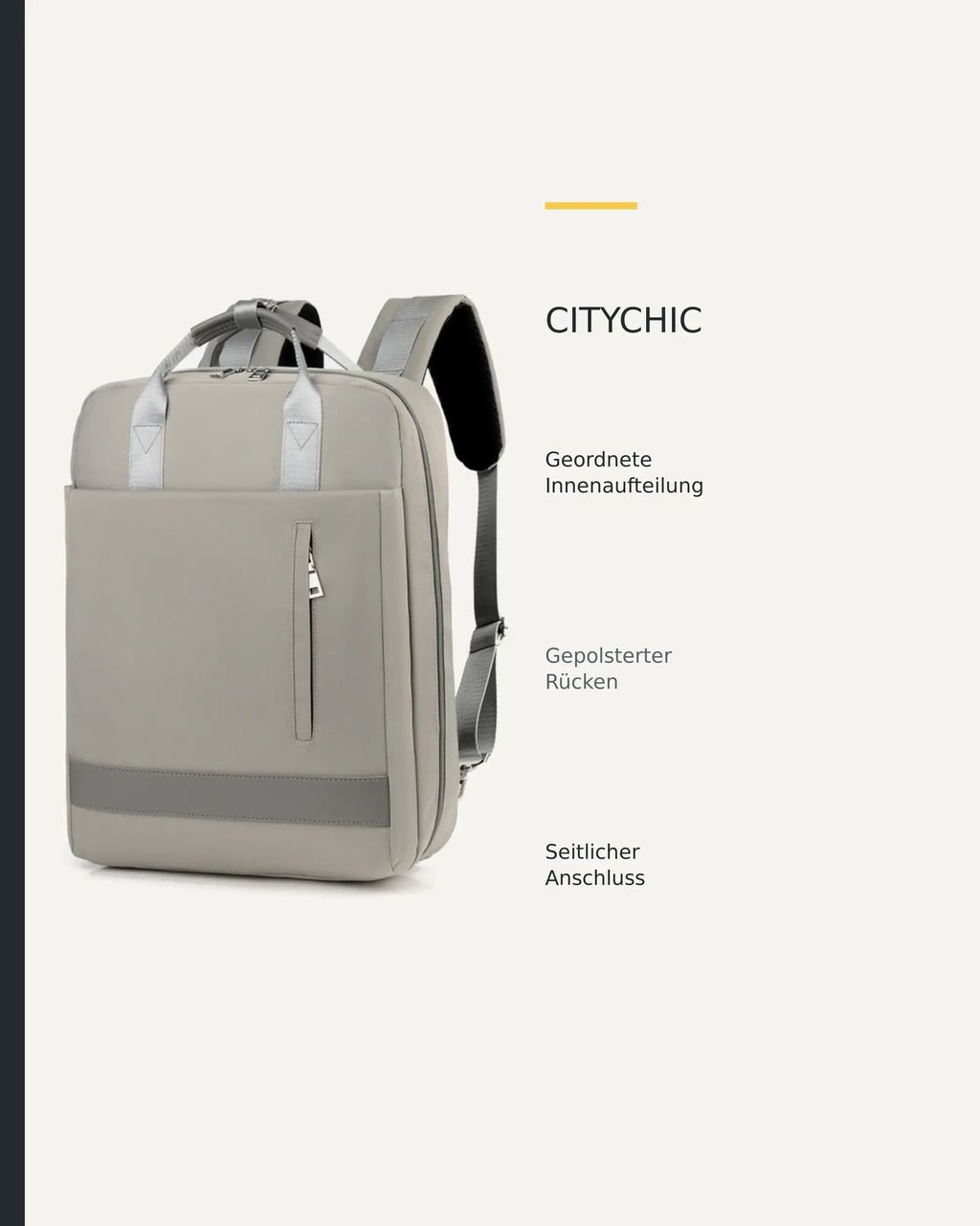 Dunkelgrauer CityChic Rucksack mit grafischer Übersicht sichtbarer Produktdetails.