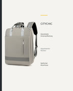 Dunkelgrauer CityChic Rucksack mit grafischer Übersicht sichtbarer Produktdetails.