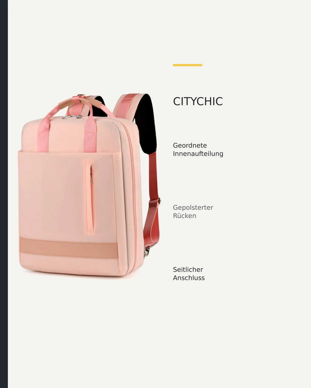 Rosafarbener CityChic Rucksack mit grafischer Übersicht sichtbarer Produktdetails.