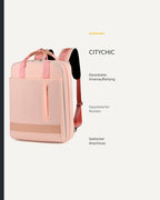 Rosafarbener CityChic Rucksack mit grafischer Übersicht sichtbarer Produktdetails.