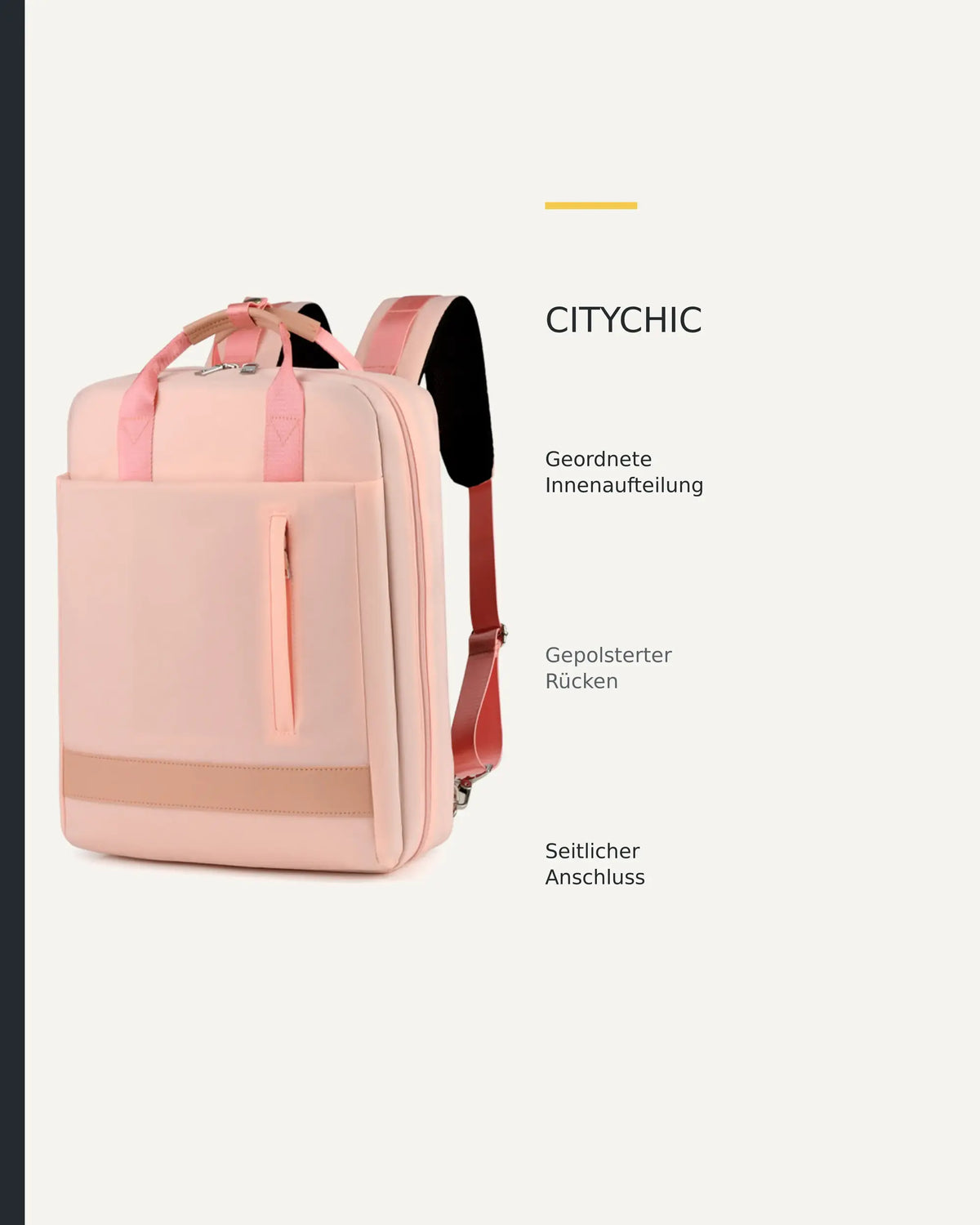 Rosafarbener CityChic Rucksack mit grafischer Übersicht sichtbarer Produktdetails.