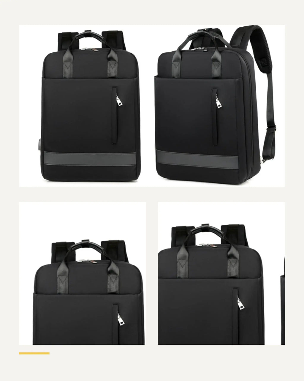 Detailübersicht des schwarzen CityChic Rucksacks mit mehreren Nahansichten.