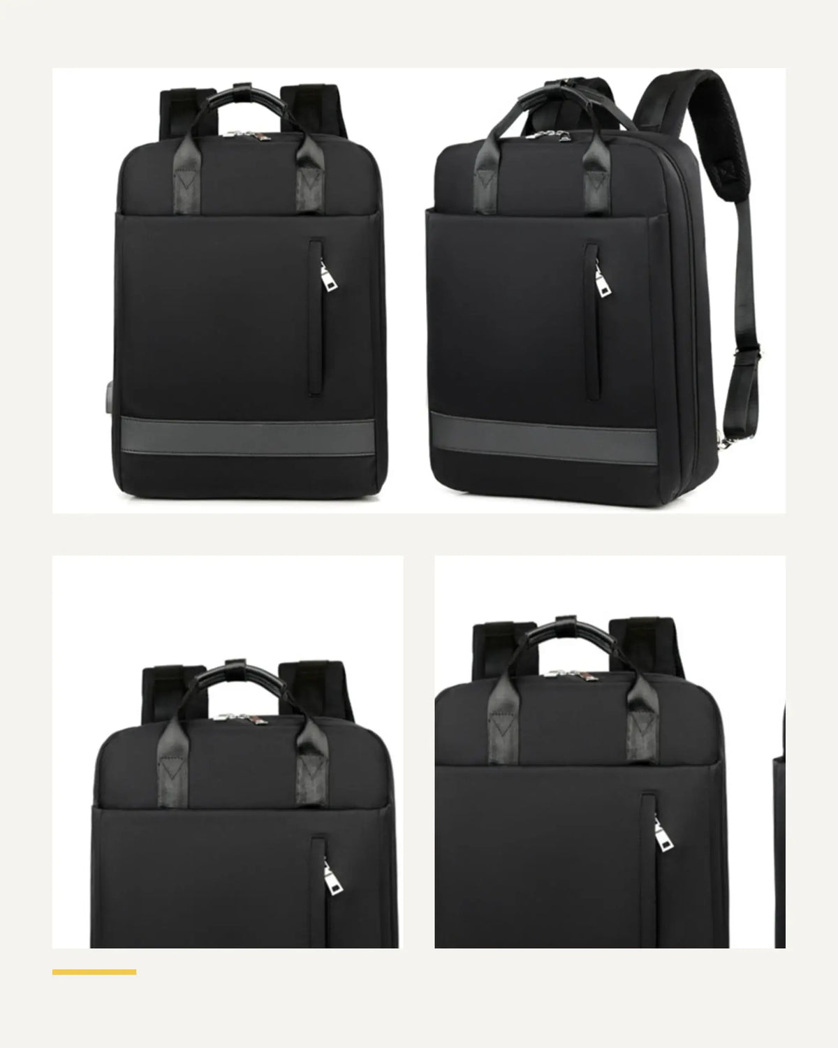 Detailübersicht des schwarzen CityChic Rucksacks mit mehreren Nahansichten.