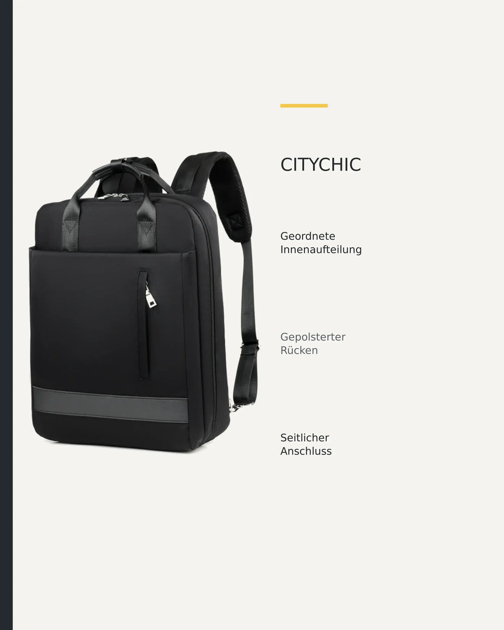 Schwarzer CityChic Rucksack mit grafischer Übersicht sichtbarer Produktdetails.