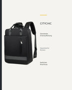 Schwarzer CityChic Rucksack mit grafischer Übersicht sichtbarer Produktdetails.