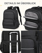 Detailübersicht des ExecutivePack Rucksacks mit Innenfächern, Tragesystem und Reißverschlüssen.