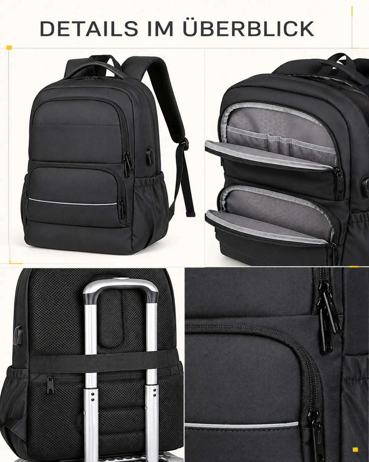 Detailübersicht des ExecutivePack Rucksacks mit Innenfächern, Tragesystem und Reißverschlüssen.