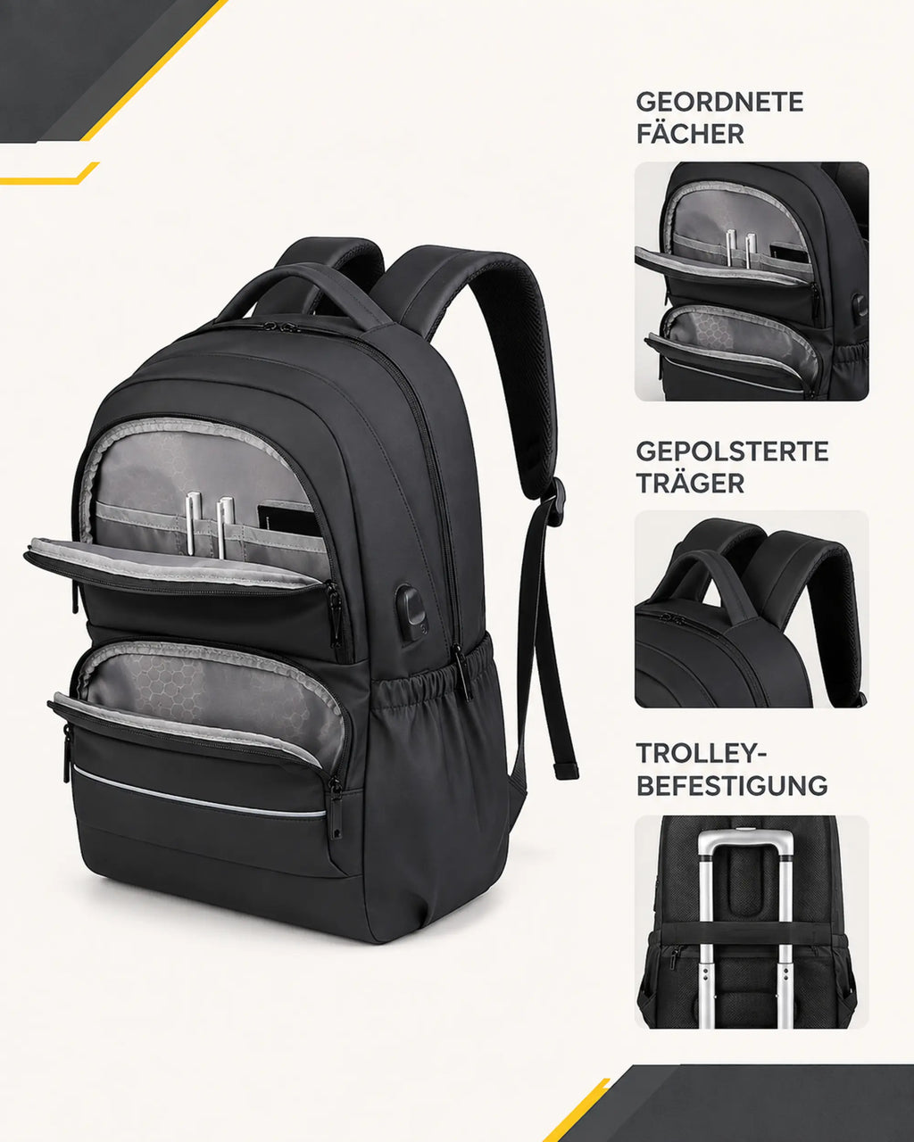 ExecutivePack Rucksack mit geordneten Fächern, gepolsterten Trägern und Trolley-Befestigung.