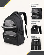 ExecutivePack Rucksack mit geordneten Fächern, gepolsterten Trägern und Trolley-Befestigung.