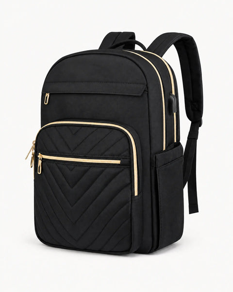 FlexWork Damen Laptop-Rucksack in Schwarz als Freisteller auf warmweißem Hintergrund.