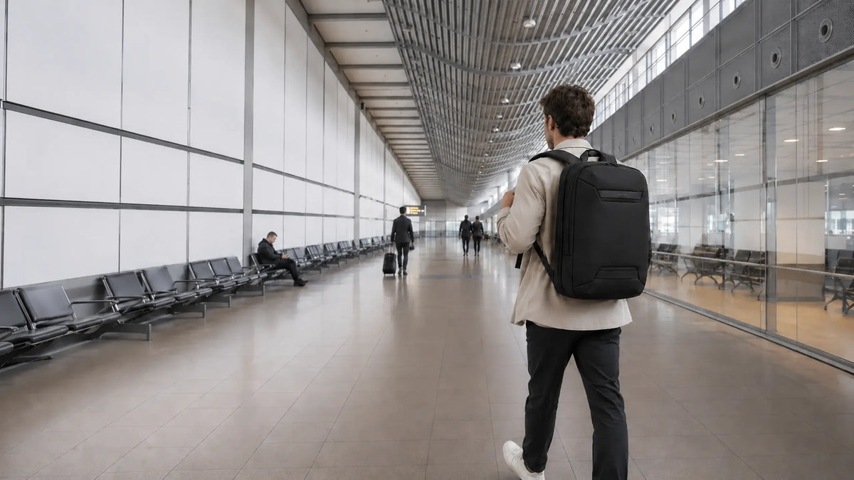 Reisender am Hamburger Flughafen mit Horizon Business Rucksack
