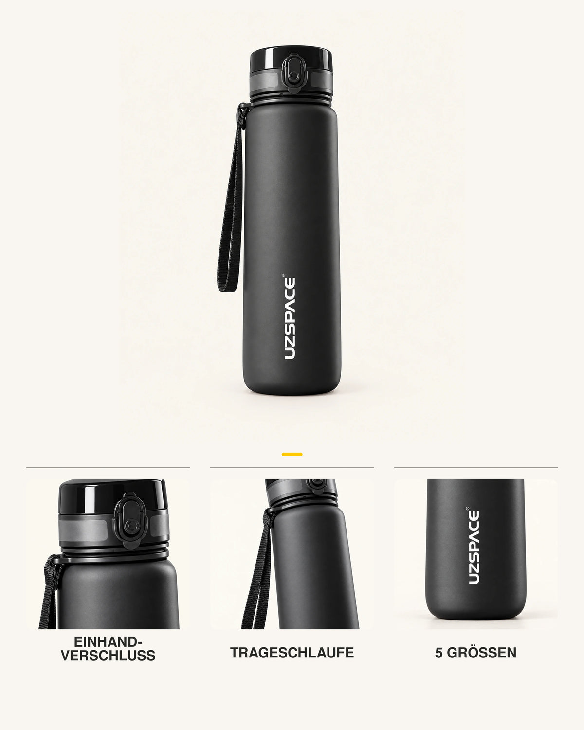 Einhandverschluss, Trageschlaufe und mattes Gehäuse der schwarzen CARRYON X HydraGo Trinkflasche.
