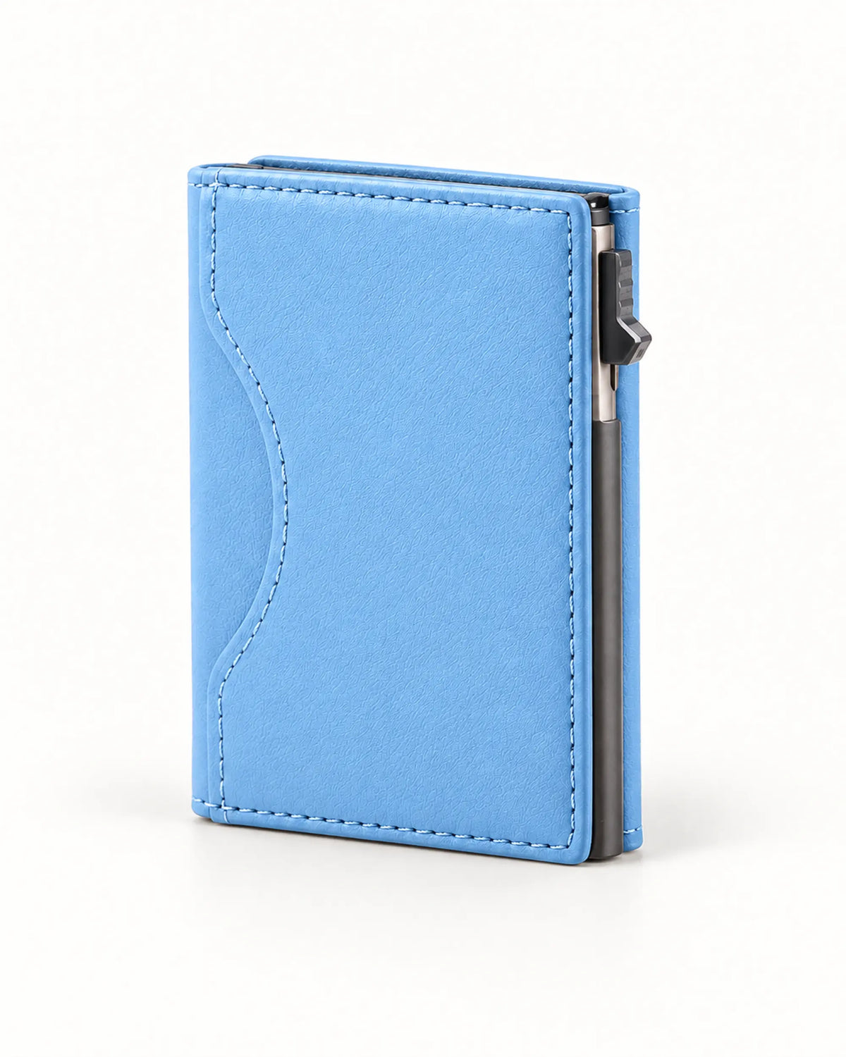 Blaues CARRYON X MagCardShield Kartenetui auf warmweißem Hintergrund.
