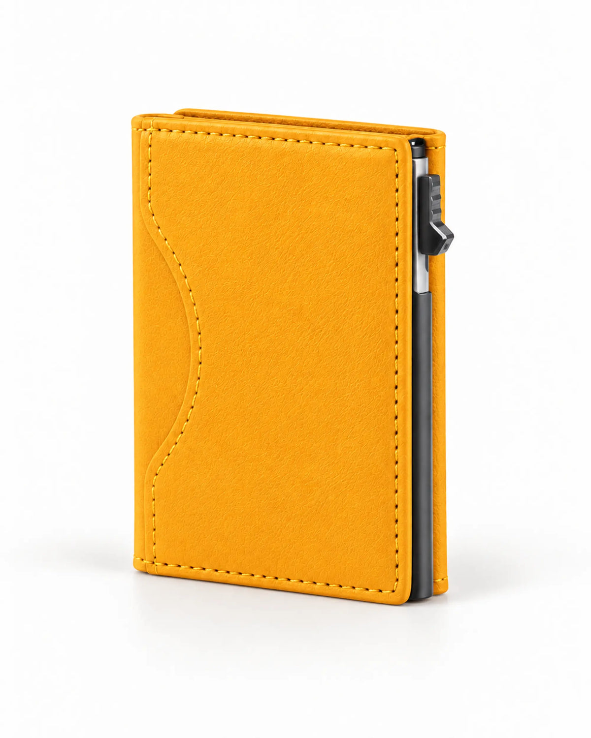 Gelbes CARRYON X MagCardShield Kartenetui auf warmweißem Hintergrund.