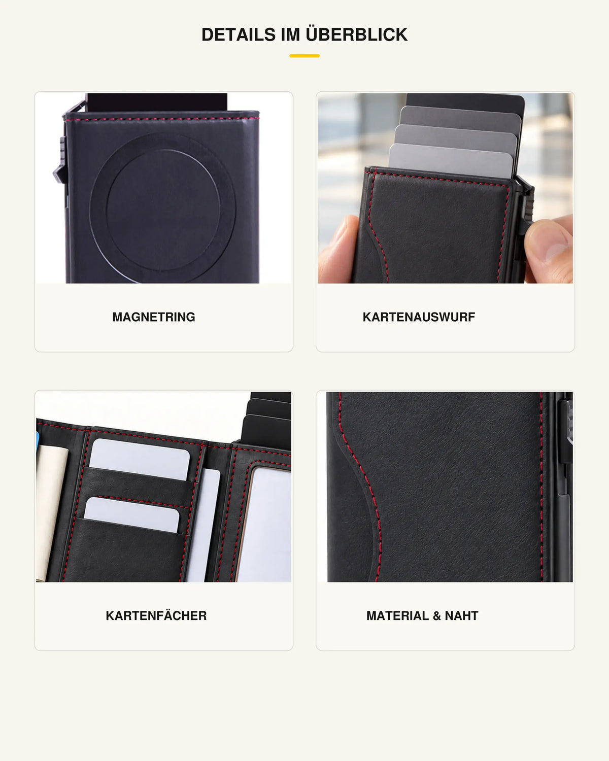 Details des schwarzen CARRYON X MagCardShield mit Magnetring, Kartenauswurf, Kartenfächern und Naht.