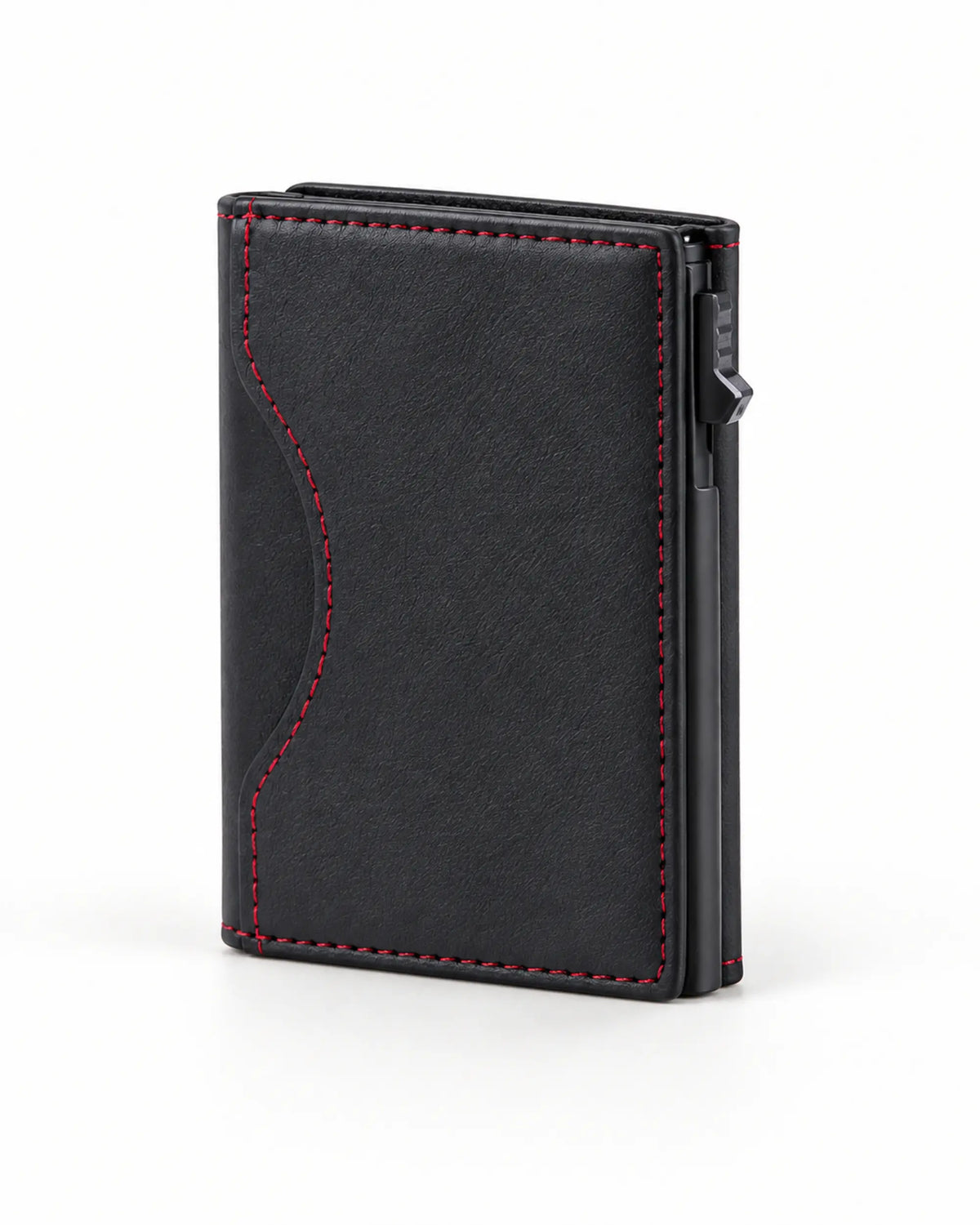 Schwarzes CARRYON X MagCardShield Kartenetui auf warmweißem Hintergrund.