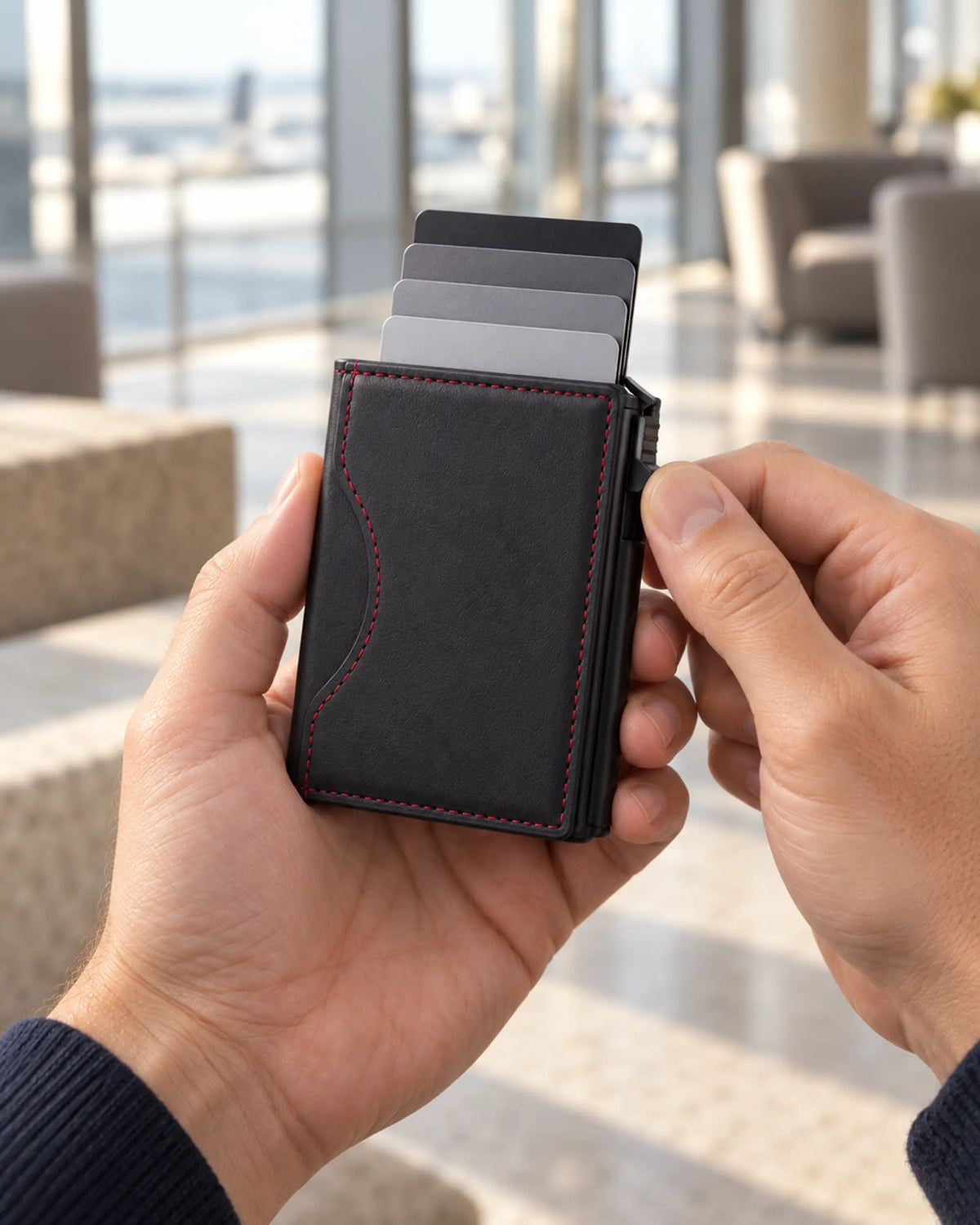 Hände bedienen den Kartenauswurf des schwarzen CARRYON X MagCardShield.