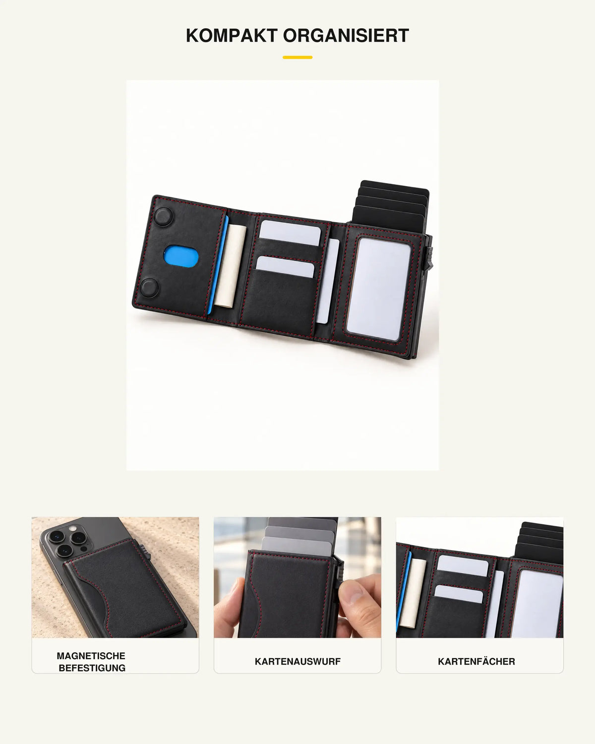 Geöffnetes schwarzes CARRYON X MagCardShield mit magnetischer Befestigung, Kartenauswurf und Kartenfächern.