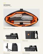Detailübersicht des schwarzen MetroMax Rucksacks mit mehreren Nahansichten.