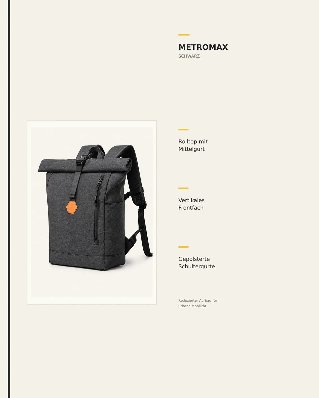 Schwarzer MetroMax Rucksack mit grafischer Übersicht sichtbarer Produktdetails.