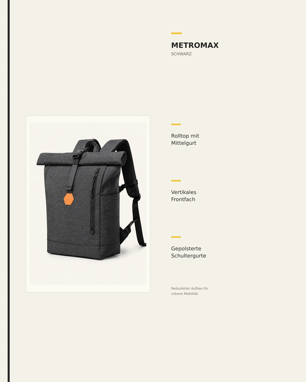 Schwarzer MetroMax Rucksack mit grafischer Übersicht sichtbarer Produktdetails.