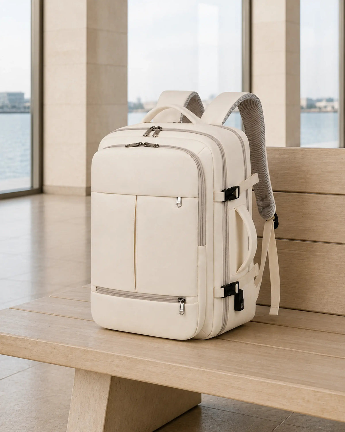 Beiger MetroSlim Reise-Rucksack auf einer Holzbank im modernen Fährterminal.