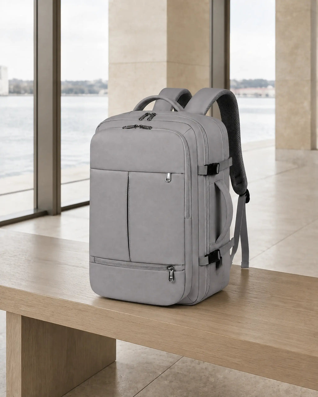 Grauer MetroSlim Reise-Rucksack auf einer Holzbank im modernen Fährterminal.