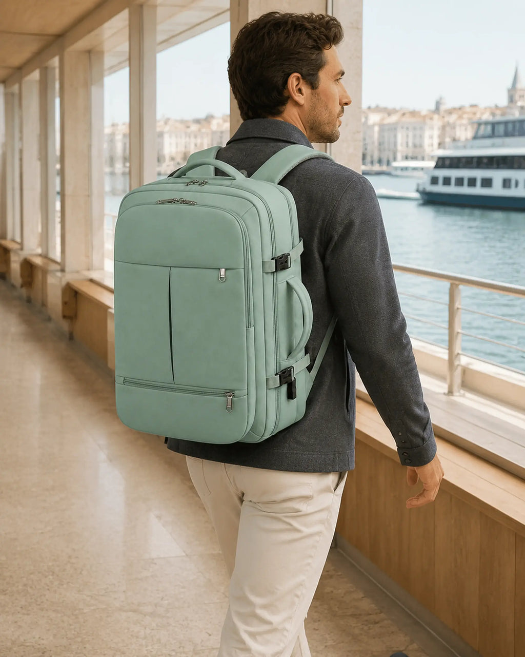 Mann mit grünem MetroSlim Reise-Rucksack auf dem Weg durch ein Fährterminal.