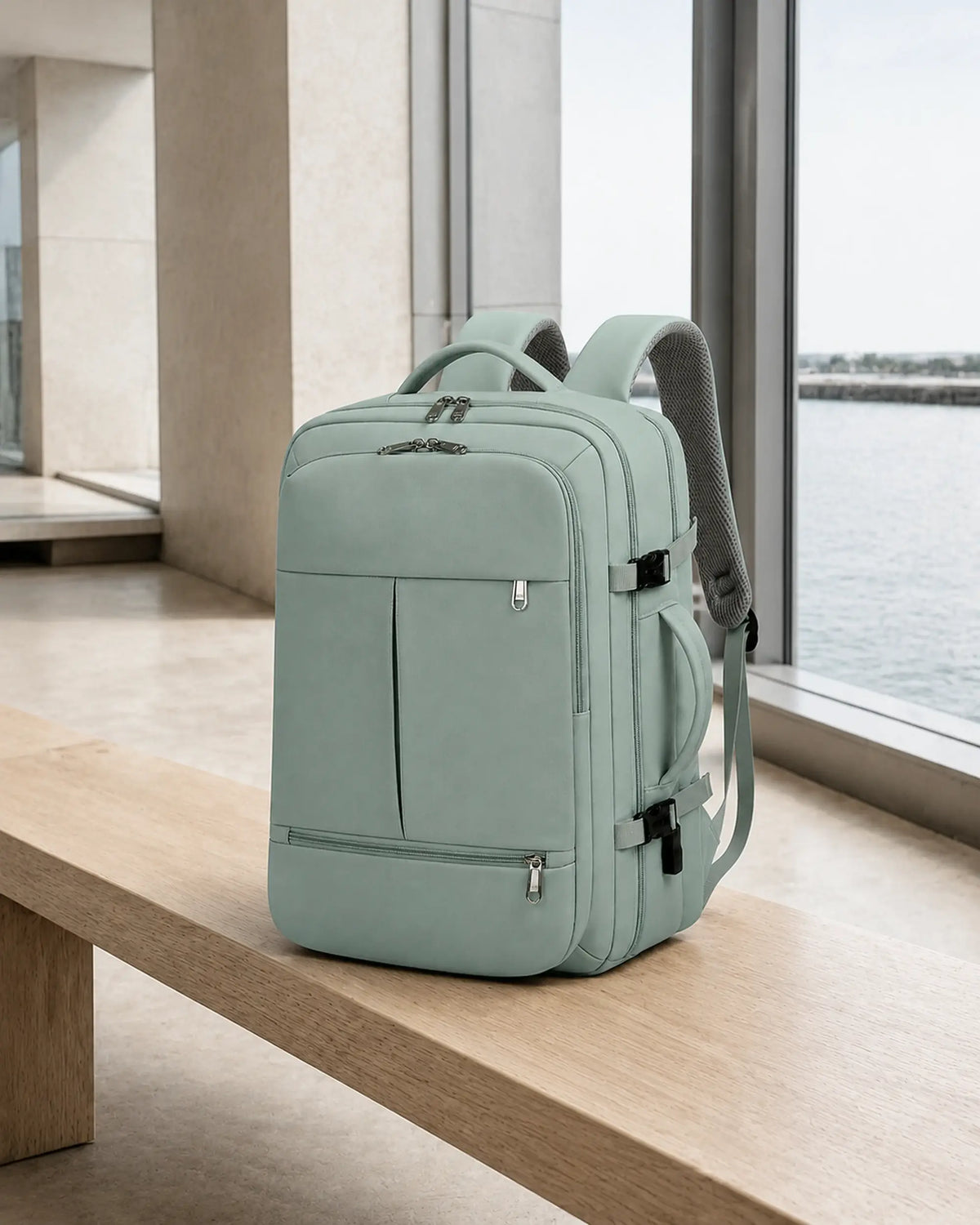 Grüner MetroSlim Reise-Rucksack auf einer Holzbank im modernen Fährterminal.