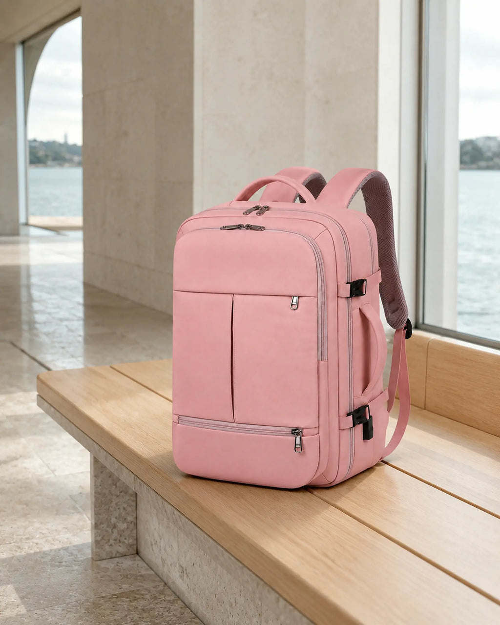 Pinker MetroSlim Reise-Rucksack auf einer Holzbank im modernen Fährterminal.