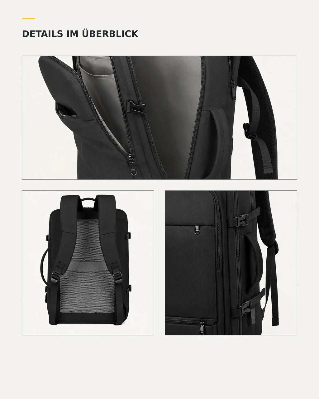 Detailübersicht des schwarzen MetroSlim Reise-Rucksacks mit Innenraum, Rückenpolsterung und Kompressionsschnallen.