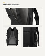 Detailübersicht des schwarzen MetroSlim Reise-Rucksacks mit Innenraum, Rückenpolsterung und Kompressionsschnallen.