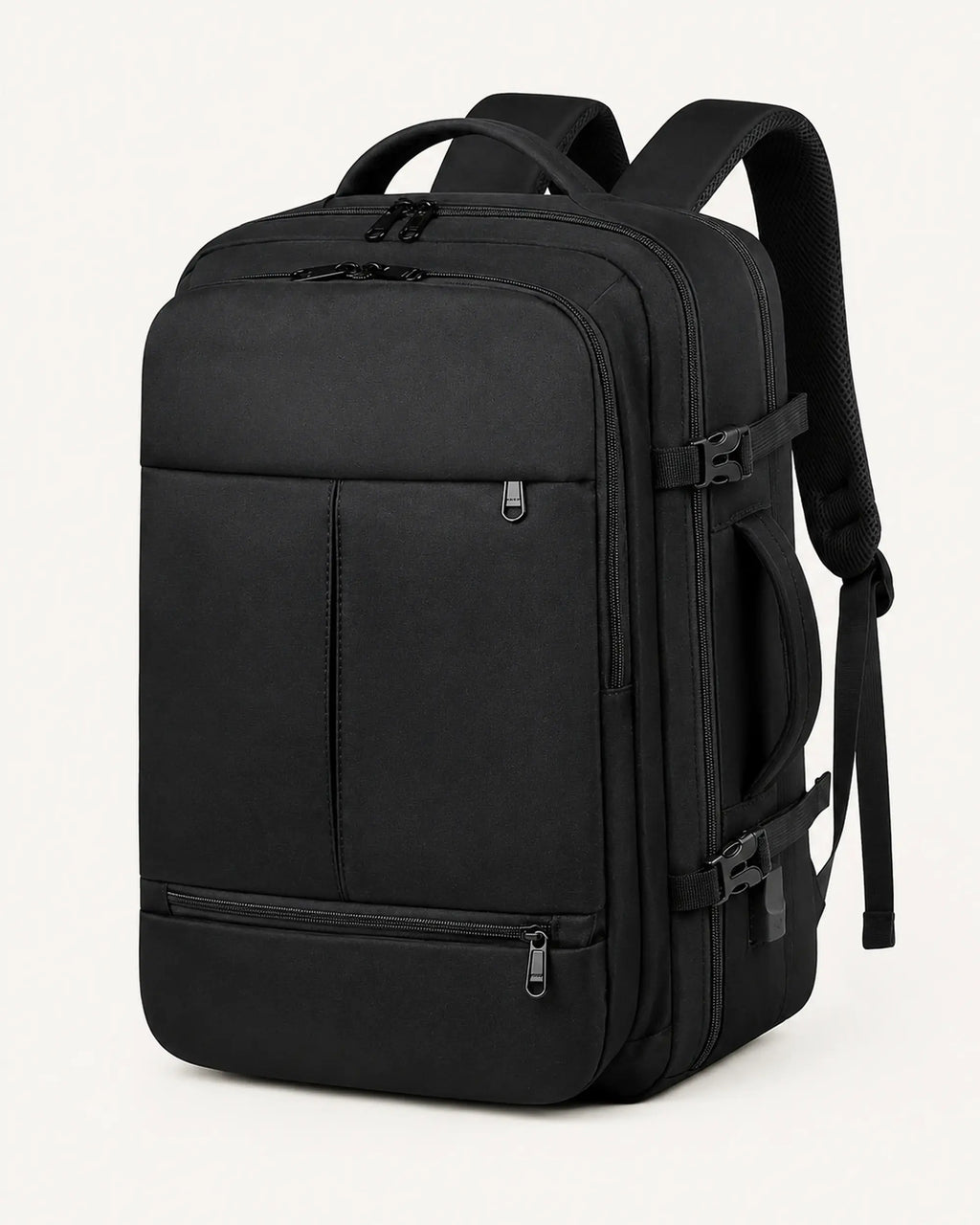 MetroSlim Reise-Rucksack in Schwarz als Freisteller in Front-Dreiviertelansicht.