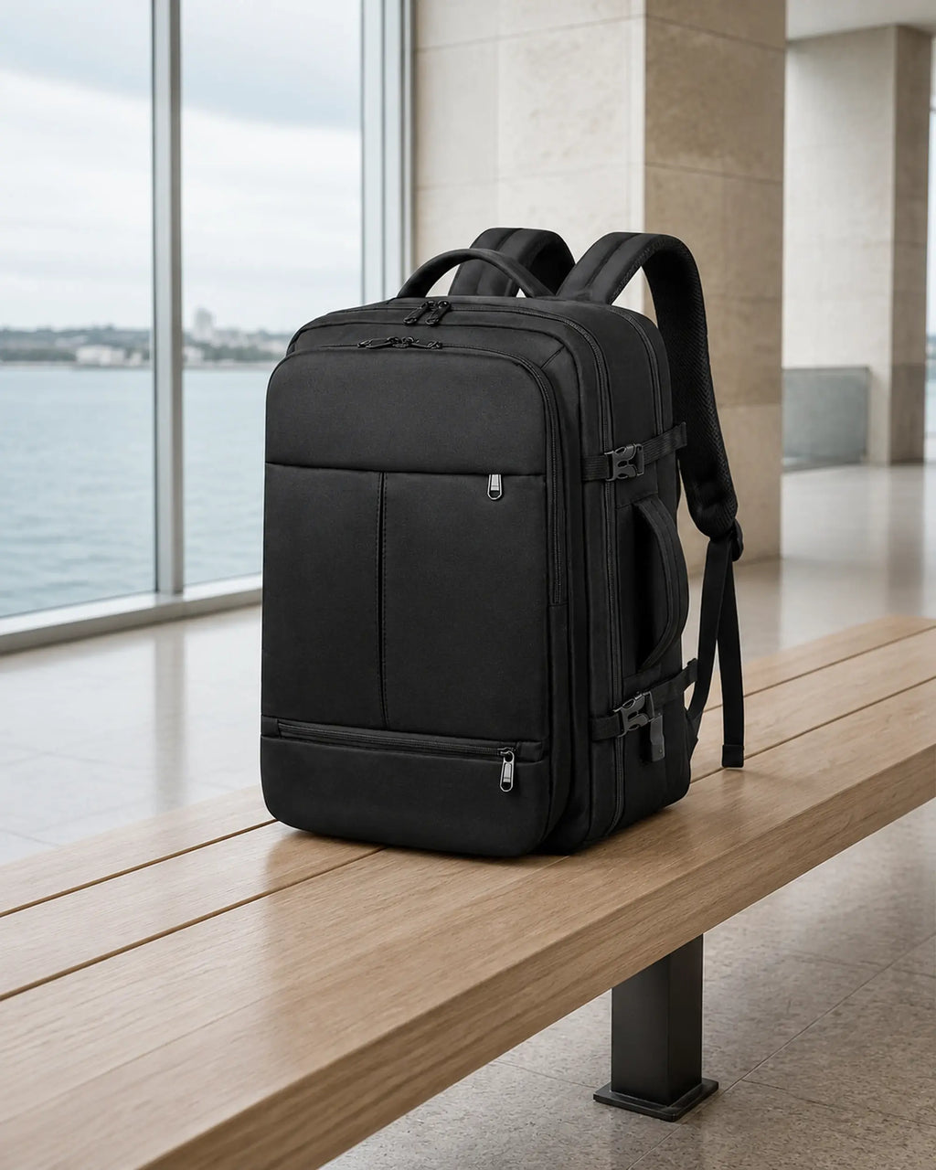 Schwarzer MetroSlim Reise-Rucksack auf einer Holzbank im modernen Fährterminal.